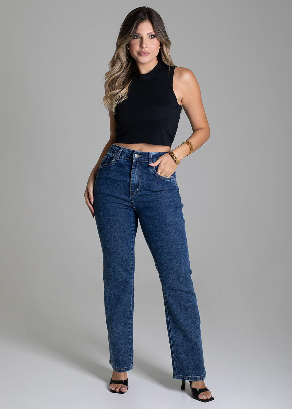 Calça jeans feminina reta azul - Sawary