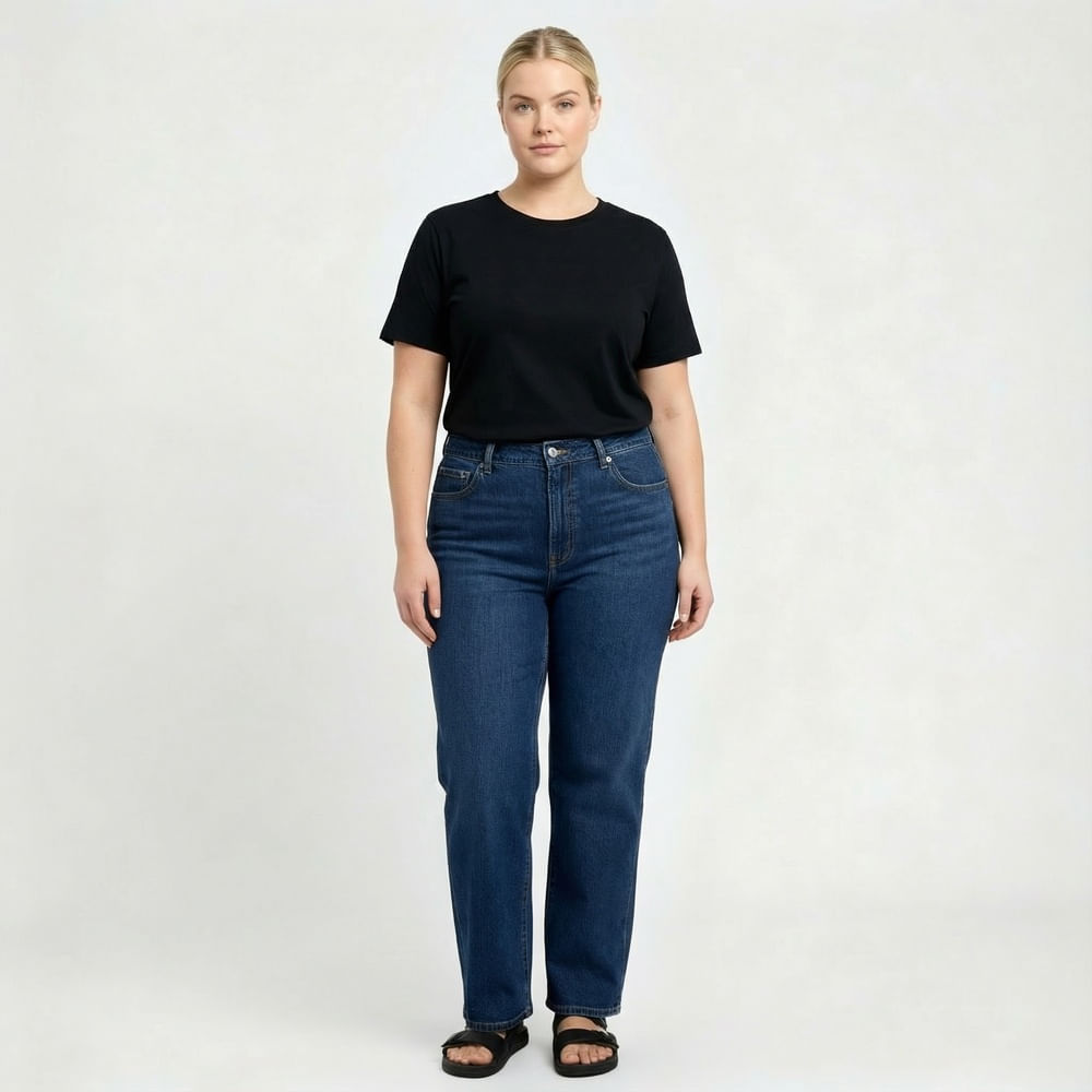 Calça Jeans Feminina Plus Size Reta com Fenda na Barra Azul Lisa - Sawary