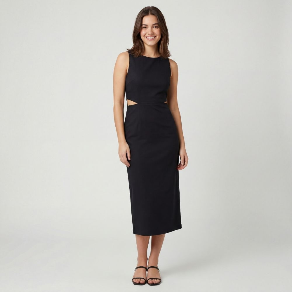 Vestido Feminino Longo Sem Manga com Fenda Lateral Preto Liso - Viva