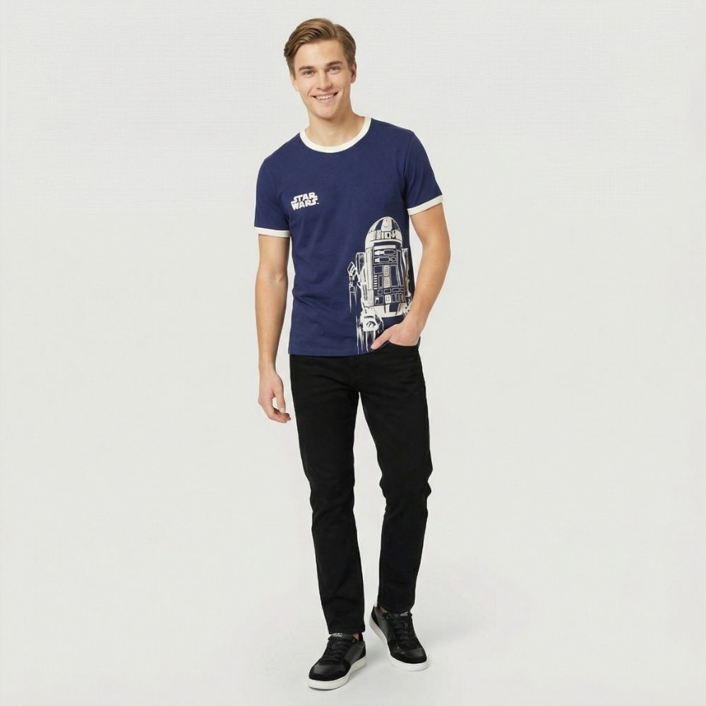 Camiseta Masculina Manga Curta com Contraste Lisa Azul Marinho -  Star Wars