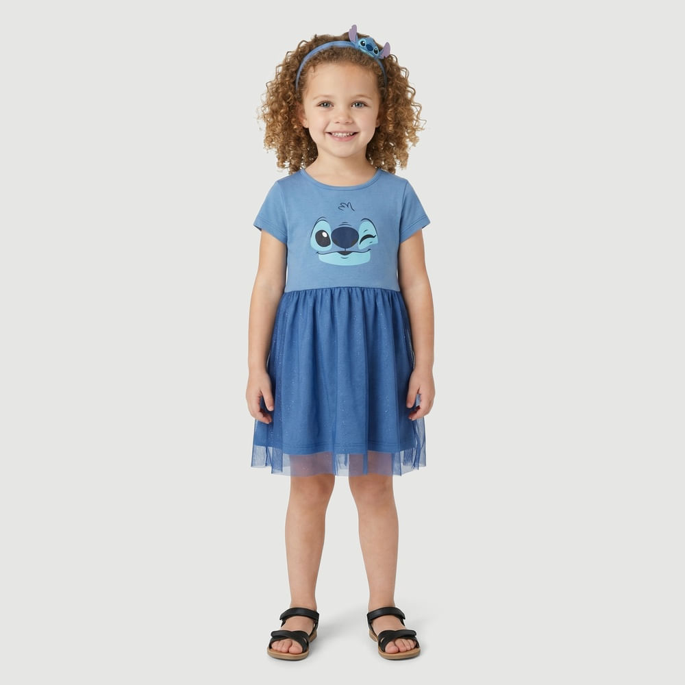 Vestido Infantil Manga Curta com Tule Stitch Azul - Disney