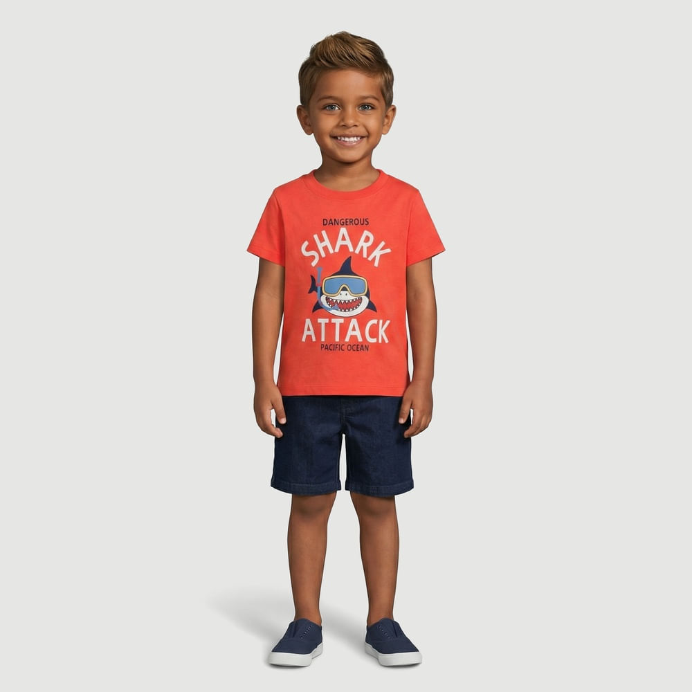 Camiseta Manga Curta com Estampa De Tubarão Vermelha - Toys & Kids