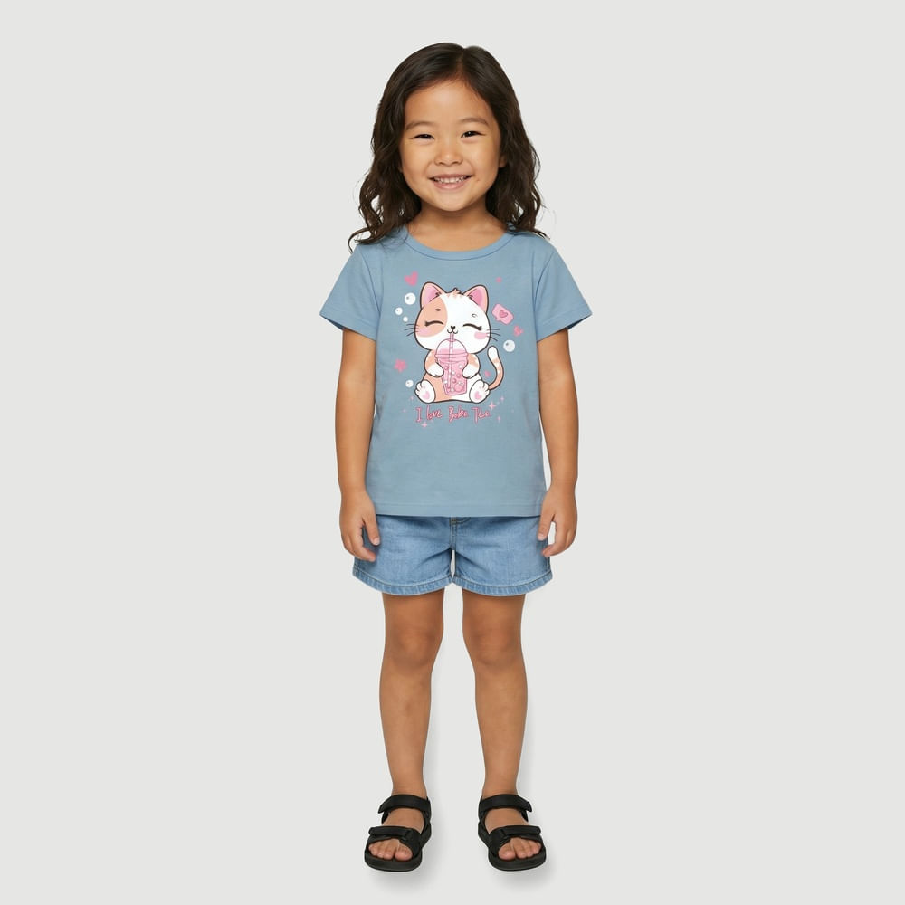 Blusa Infantil Manga Curta com Estampa De Gatinho Azul - Toys & Kids