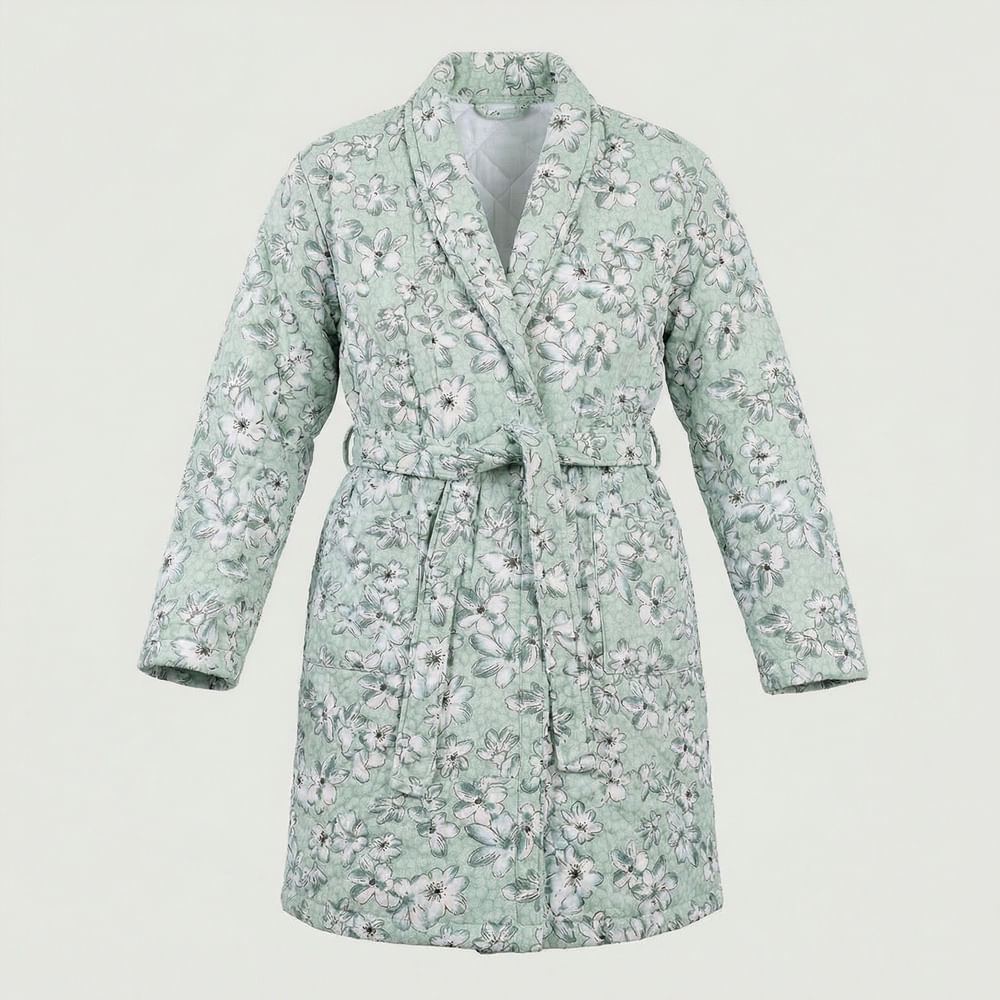 Roupão Feminino Pérola Estampado 100% Algodão Floral Verde - Dohler