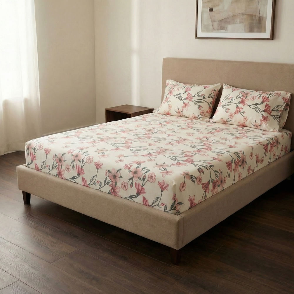 Jogo de Cama Casal 3 Peças em Malha Floral de Algodão Bege - Pernambucanas Casa