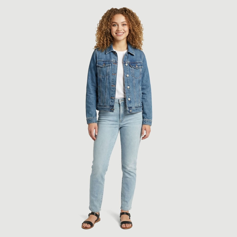 Jaqueta Jeans Feminina Trucker Manga Longa Azul Lisa - Ink