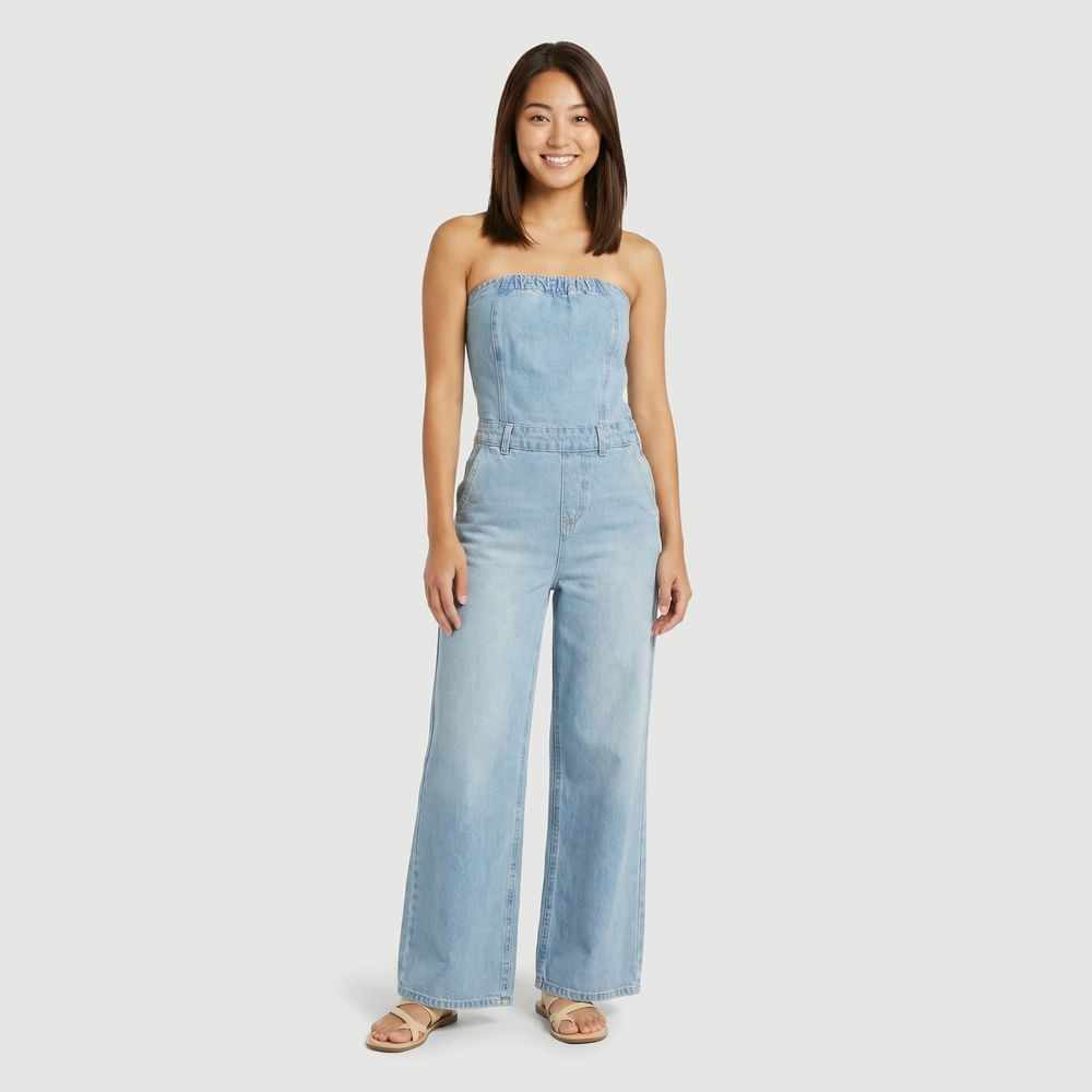 Macacão Jeans Tomara-Que-Caia Wide Leg Azul - Sawary