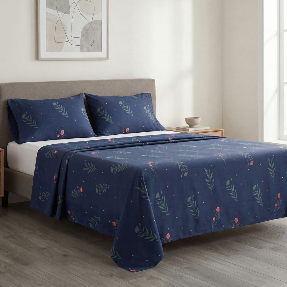 Jogo de Cama Casal 3 Peças em Malha Floral Azul Marinho - PNB