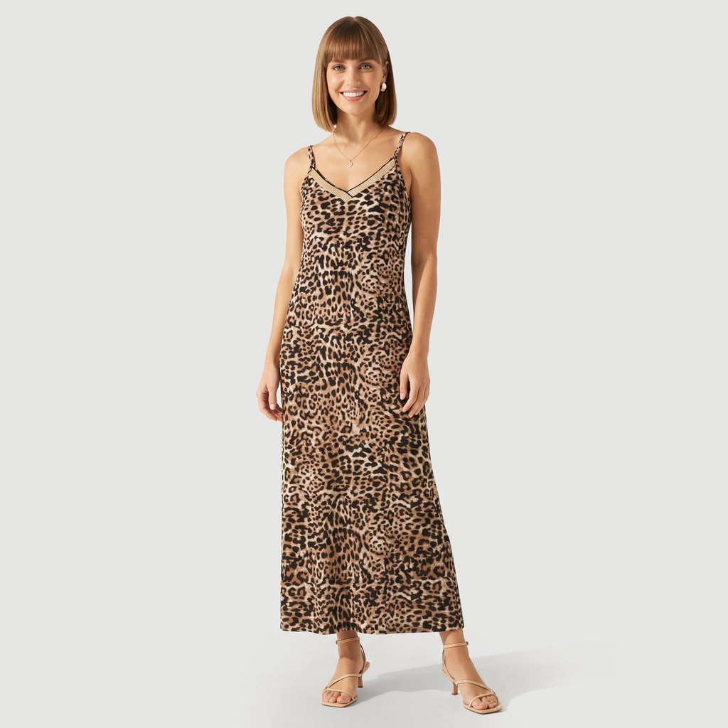 Vestido midi decote V oncinha bege claro - Urbano
