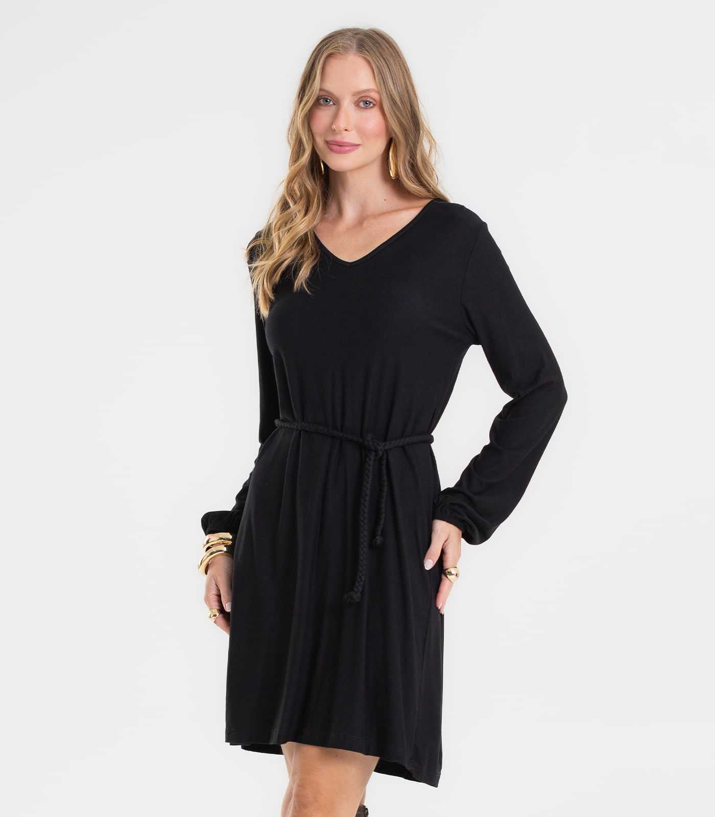 Vestido Feminino Manga Longa Com Cinto Rovitex Preto