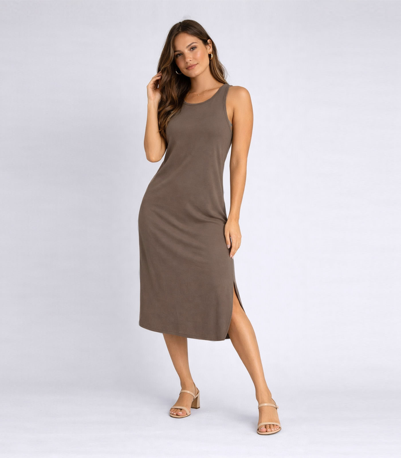 Vestido Feminino Regata Midi Com Fenda Good Bless Marrom