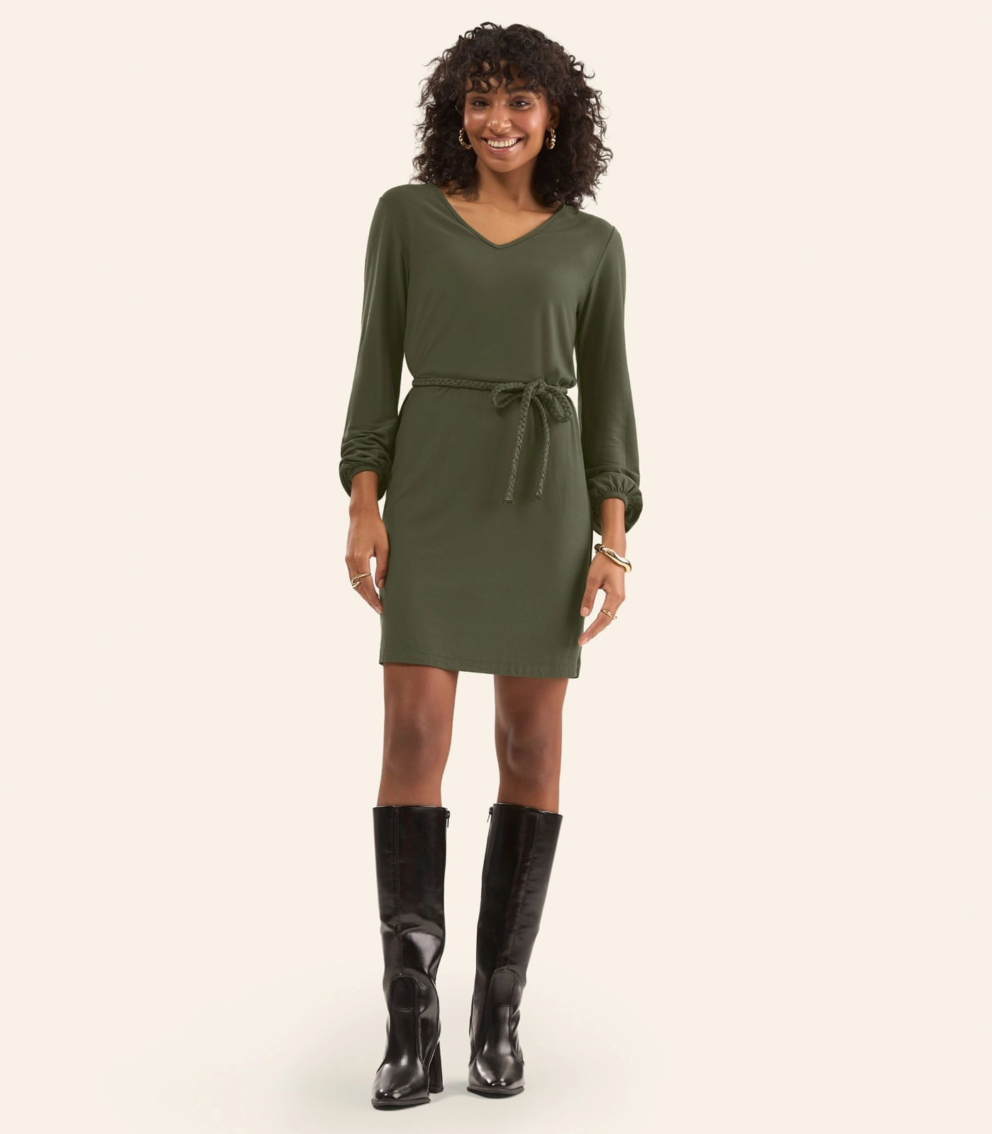 Vestido Feminino Manga Longa Com Cinto Rovitex Verde