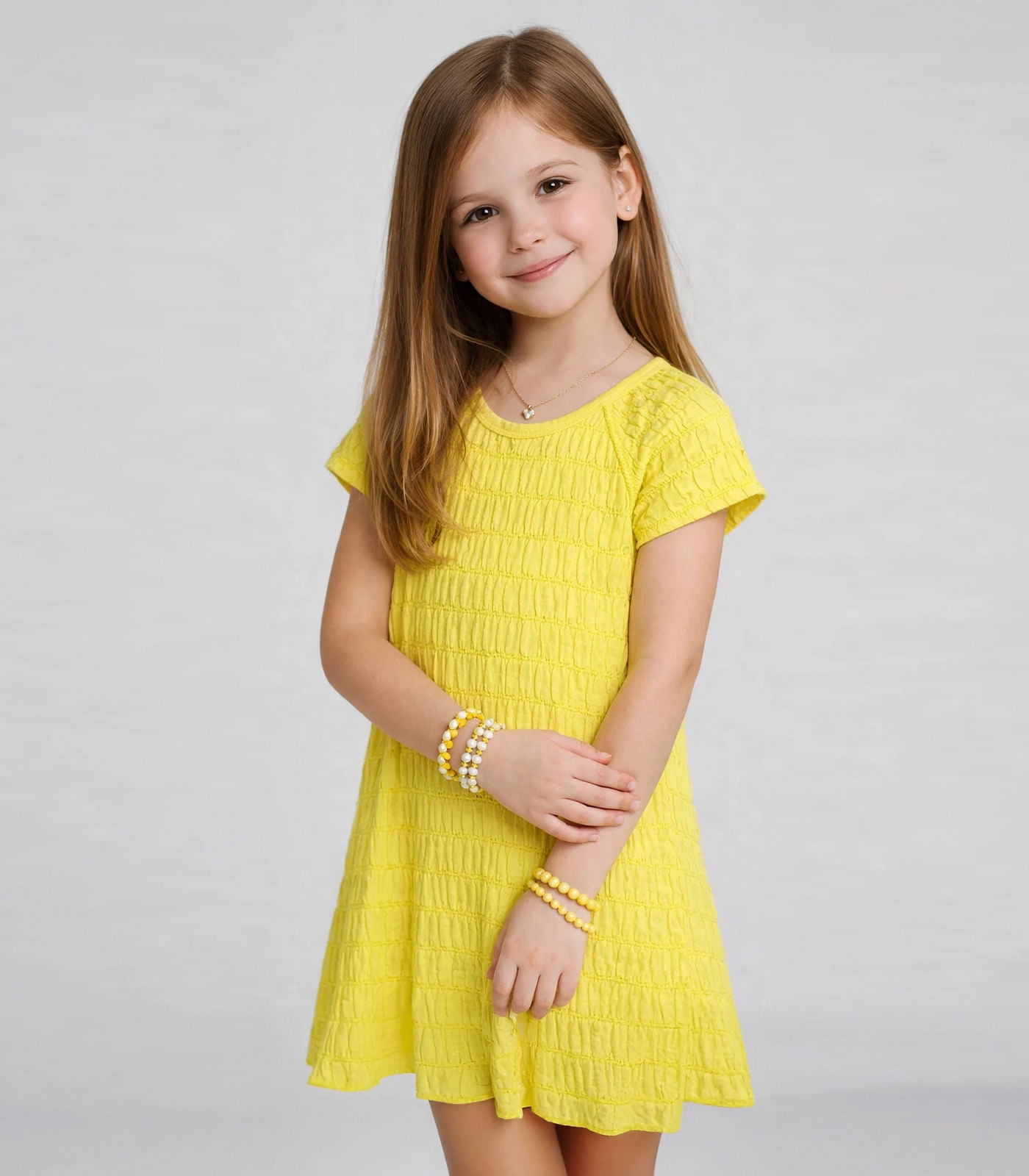 Vestido Infantil Com Franzido Na Manga Select Amarelo