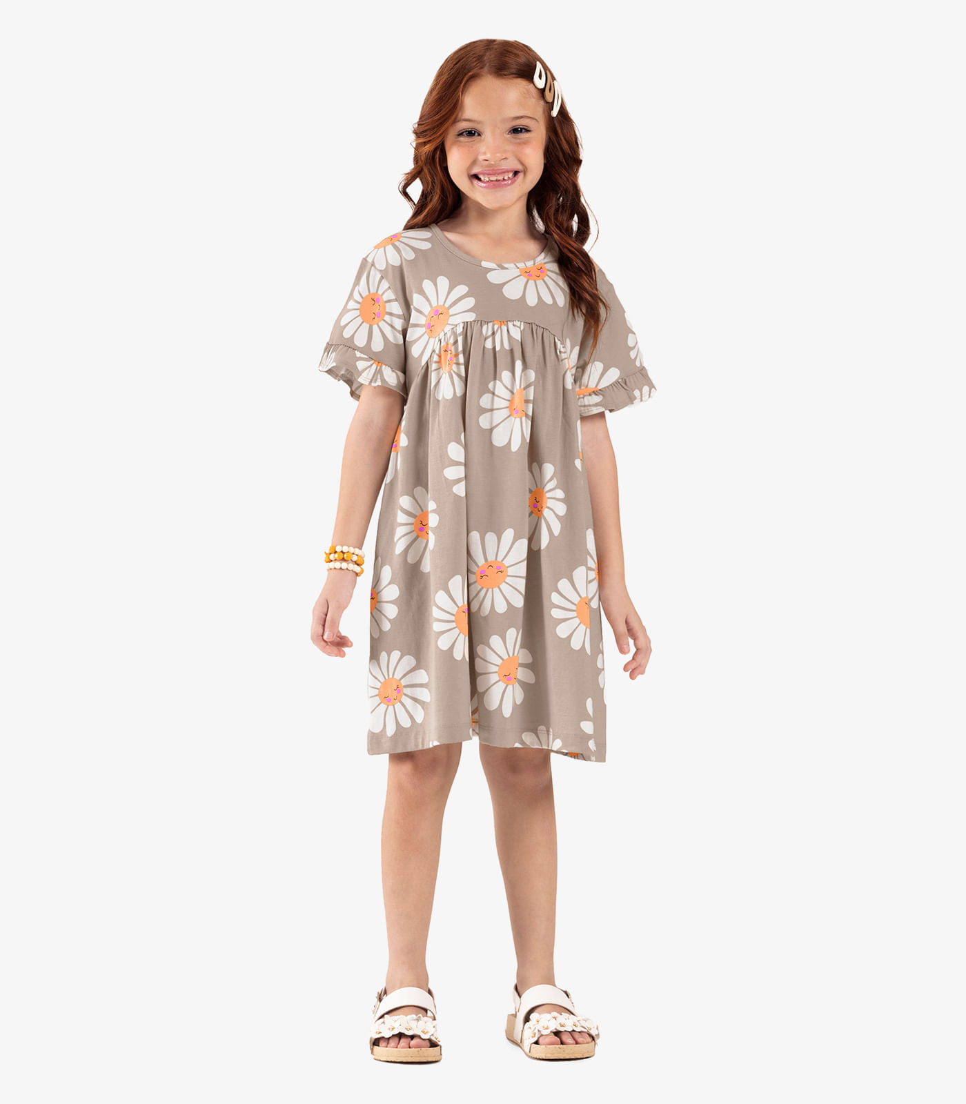 Vestido Infantil Com Estampando Flores Trick Nick Bege