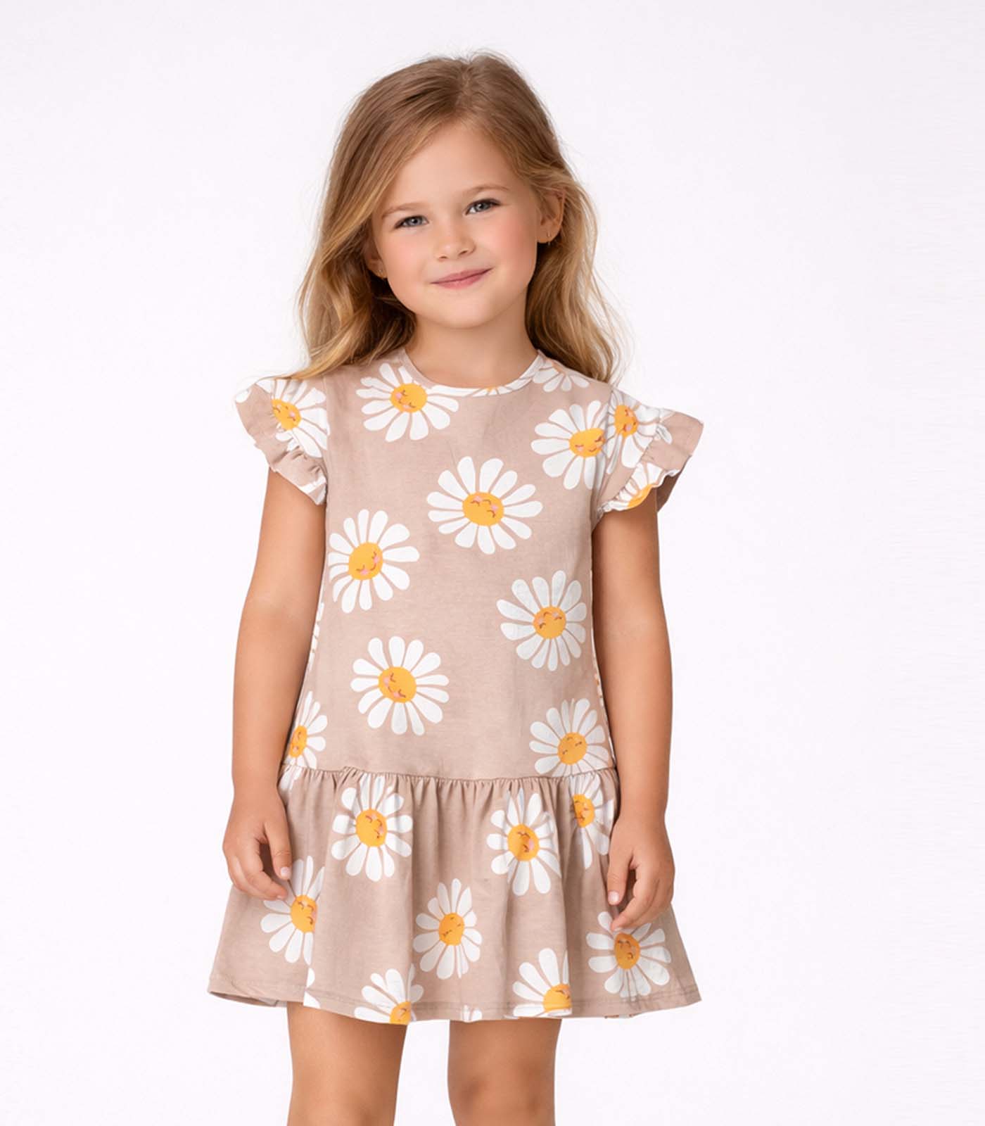 Vestido Infantil Estampado E Franzidos Select Bege