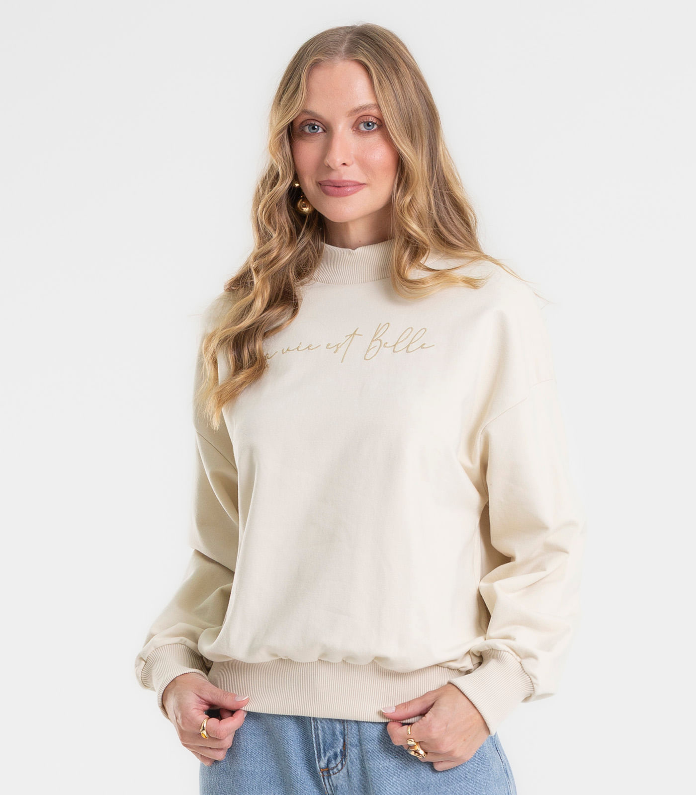 Blusão Feminino Estampado Com Gola Alta Rovitex Bege