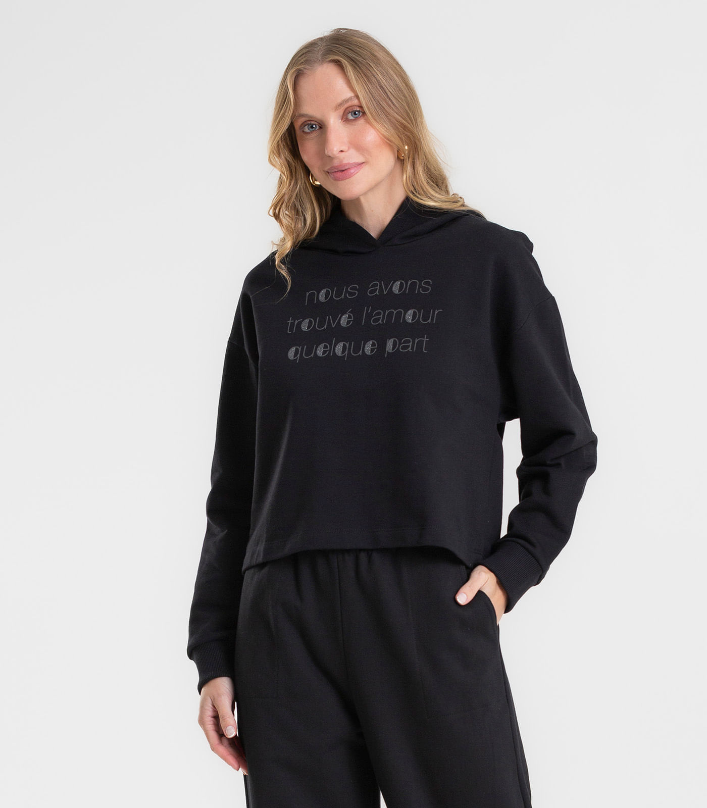 Blusão Cropped Feminino Com Capuz Rovitex Preto