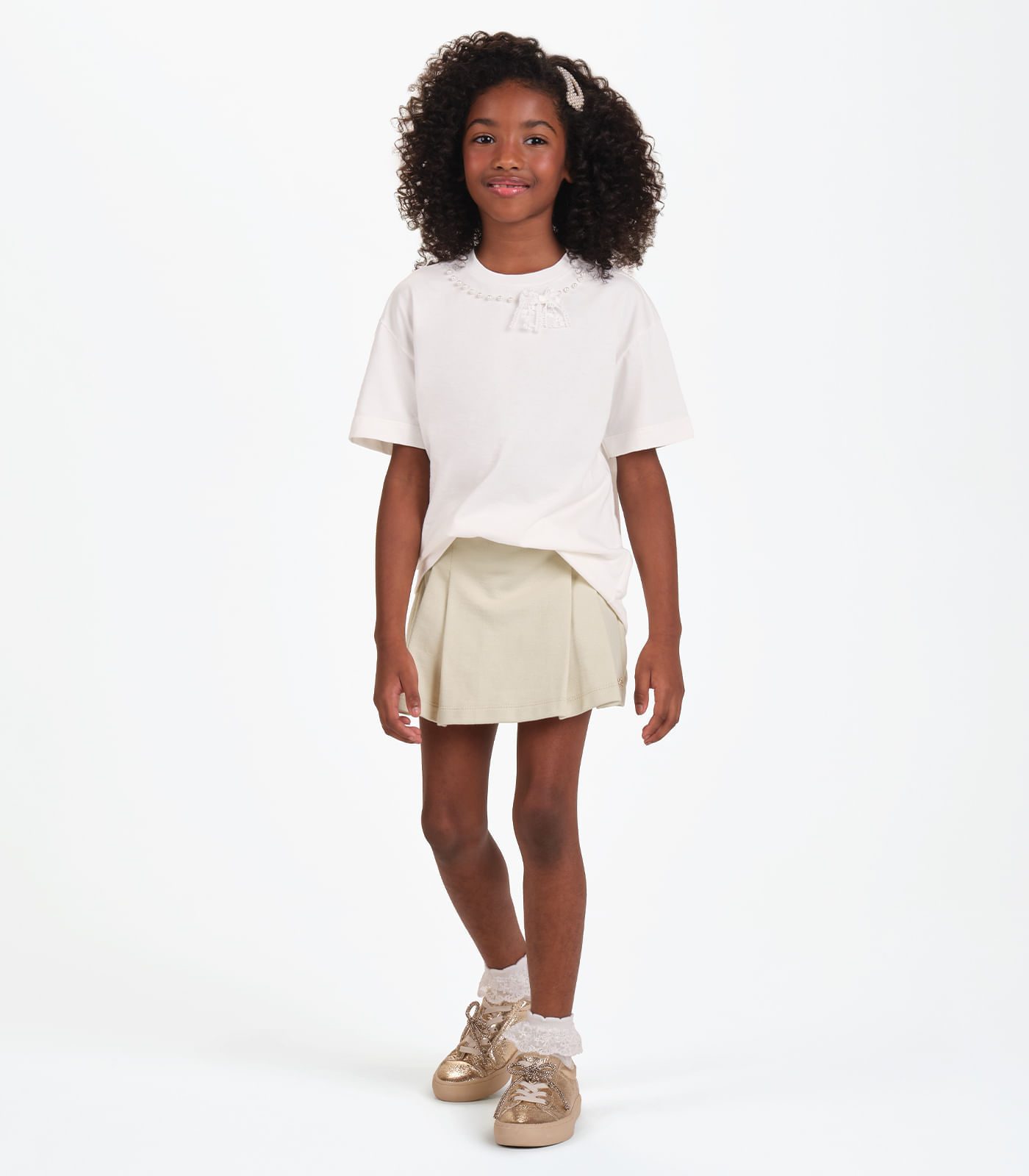 Blusa Feminina Infantil Laço Com Rebite Trick Nick Bege