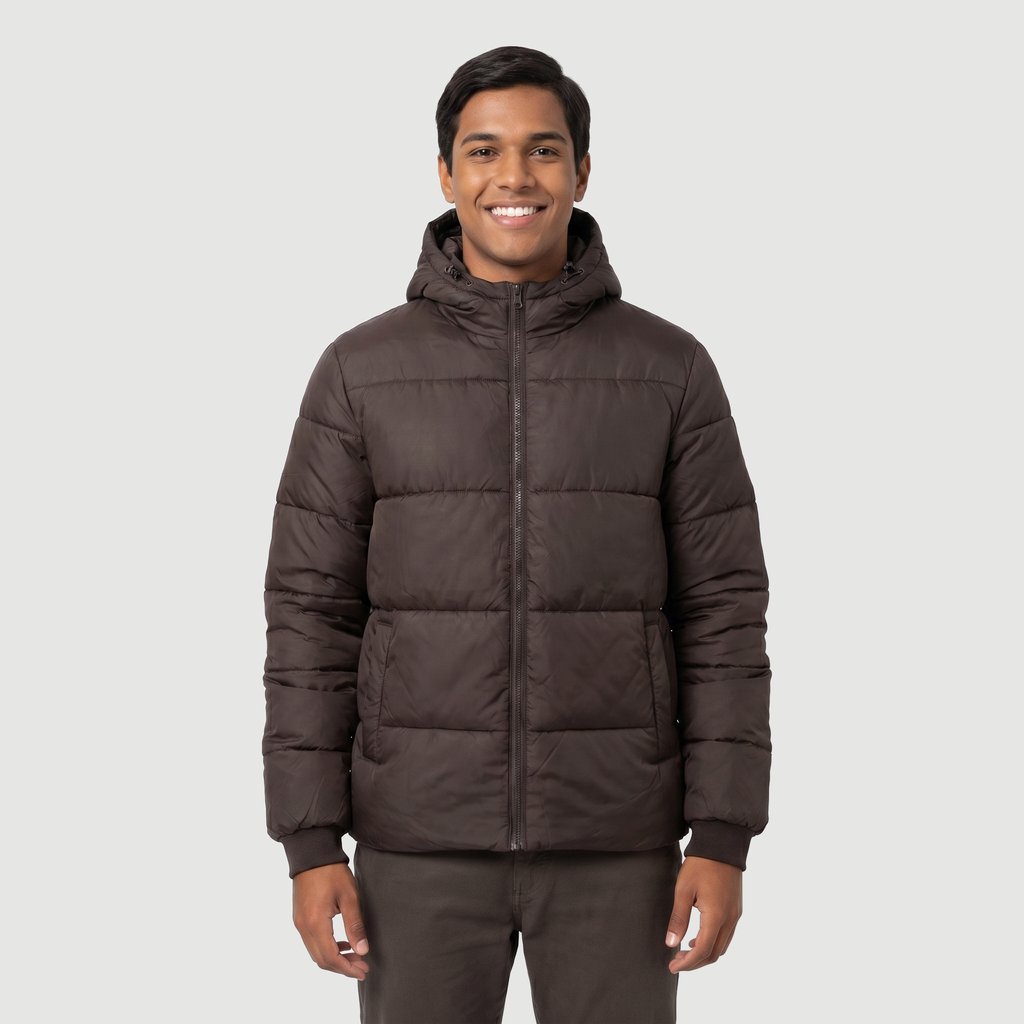 Jaqueta Puffer Com Capuz e Bolsos Laterais