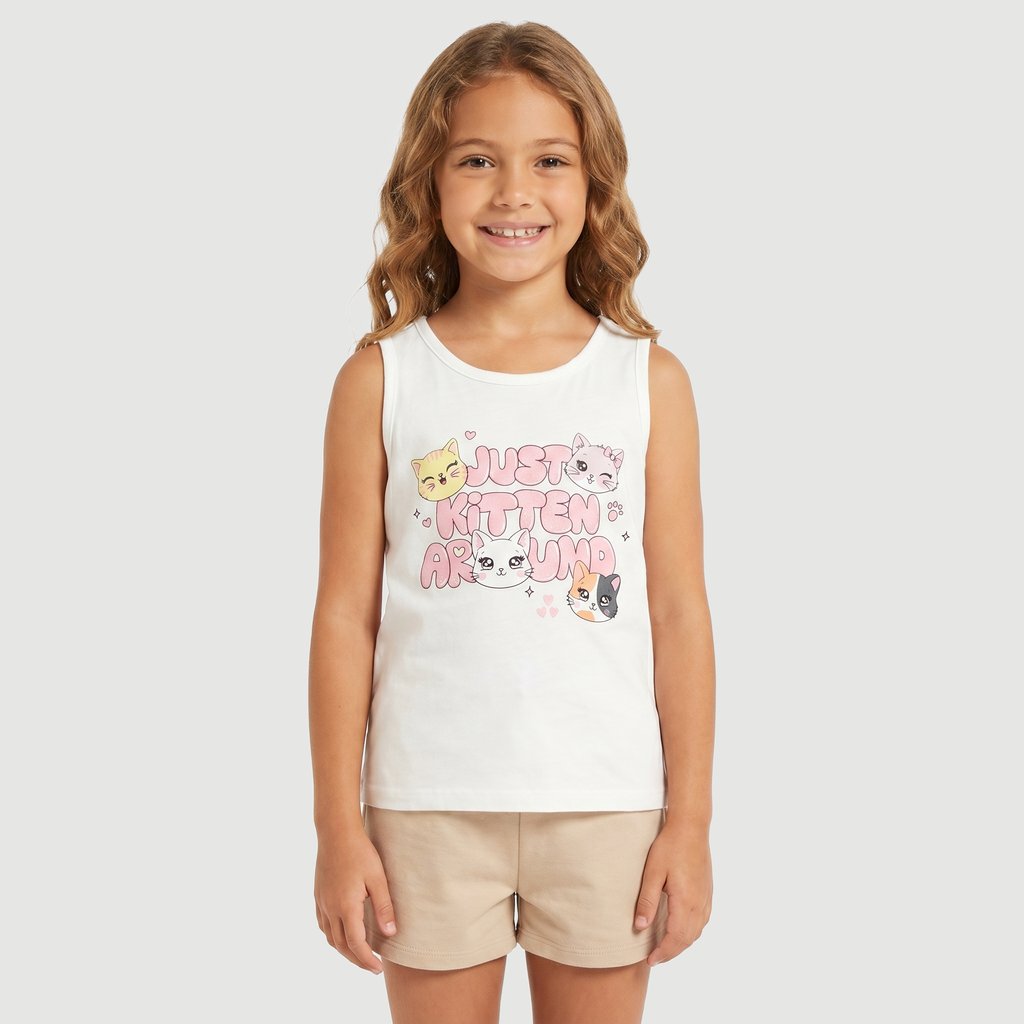 Blusa Sem Manga Infa Msa Yeapp Gatinho  Estampado Off White