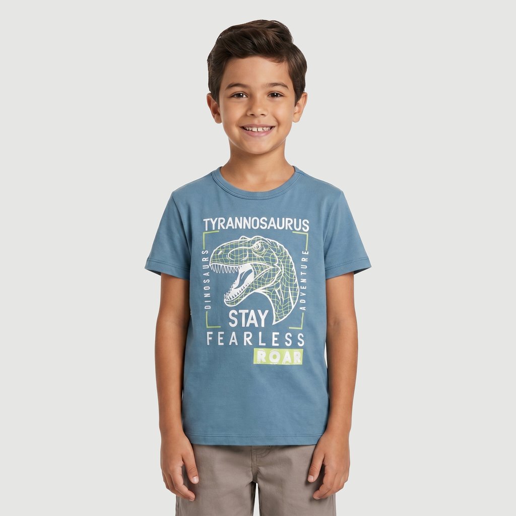 Camiseta Manga Curta Info Msa Yeapp Dino Tyranosaurus Estampado Azul