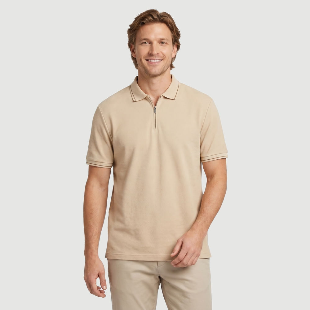 Polo Manga Curta Cas Slo Id Casual Mc Regular Ziper E Gola Detalhe Contraste Liso Bege