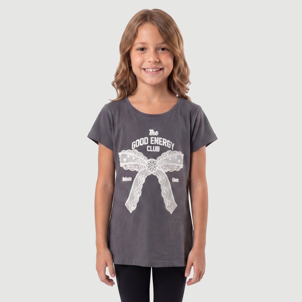 Blusa Manga Curta Infa Msa Yeapp Laco Silk Loc E Glitter  Estampado Chumbo