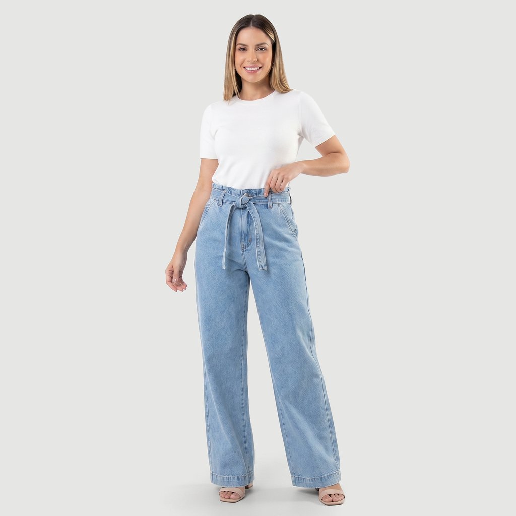 Calca Jeans Crn Prd Biotipo Wide Leg Petit C Cinto Barra Larga E Abetura Barra Liso 32008 Azul