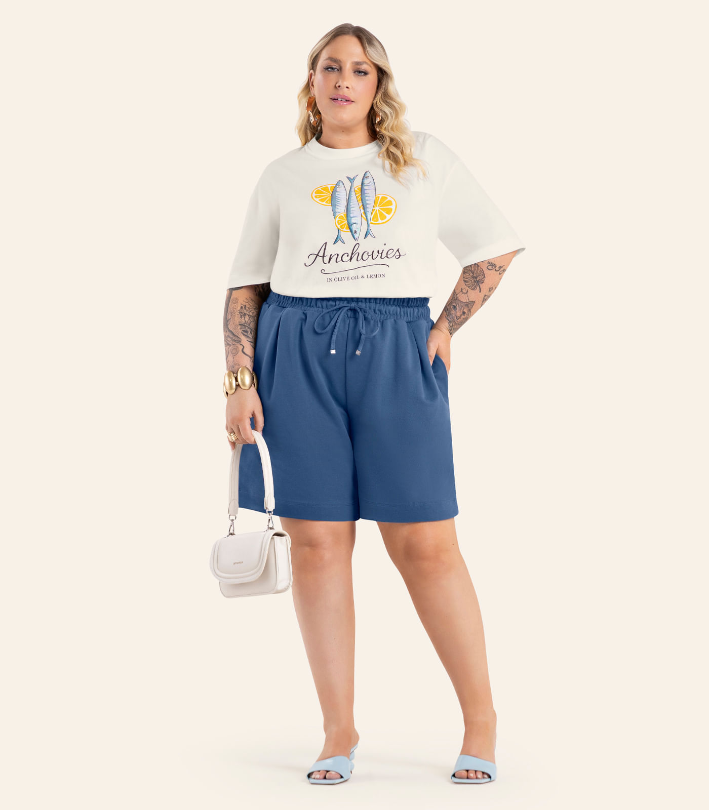 T-Shirt Feminina Estampa Sardinha Secret Glam Bege