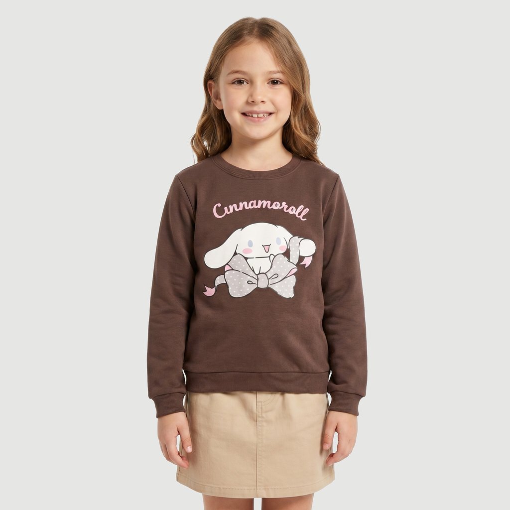 Blusão Fechado Feminino Manga Longa Estampado em Algodão Marrom Hello Kitty