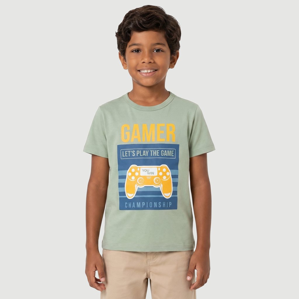 Camiseta Regular Masculina Manga Curta Estampado em Algodão Verde Yeapp