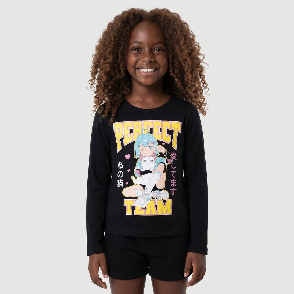 Blusa Regular Feminina Manga Longa Estampado em Algodão Preto Yeapp