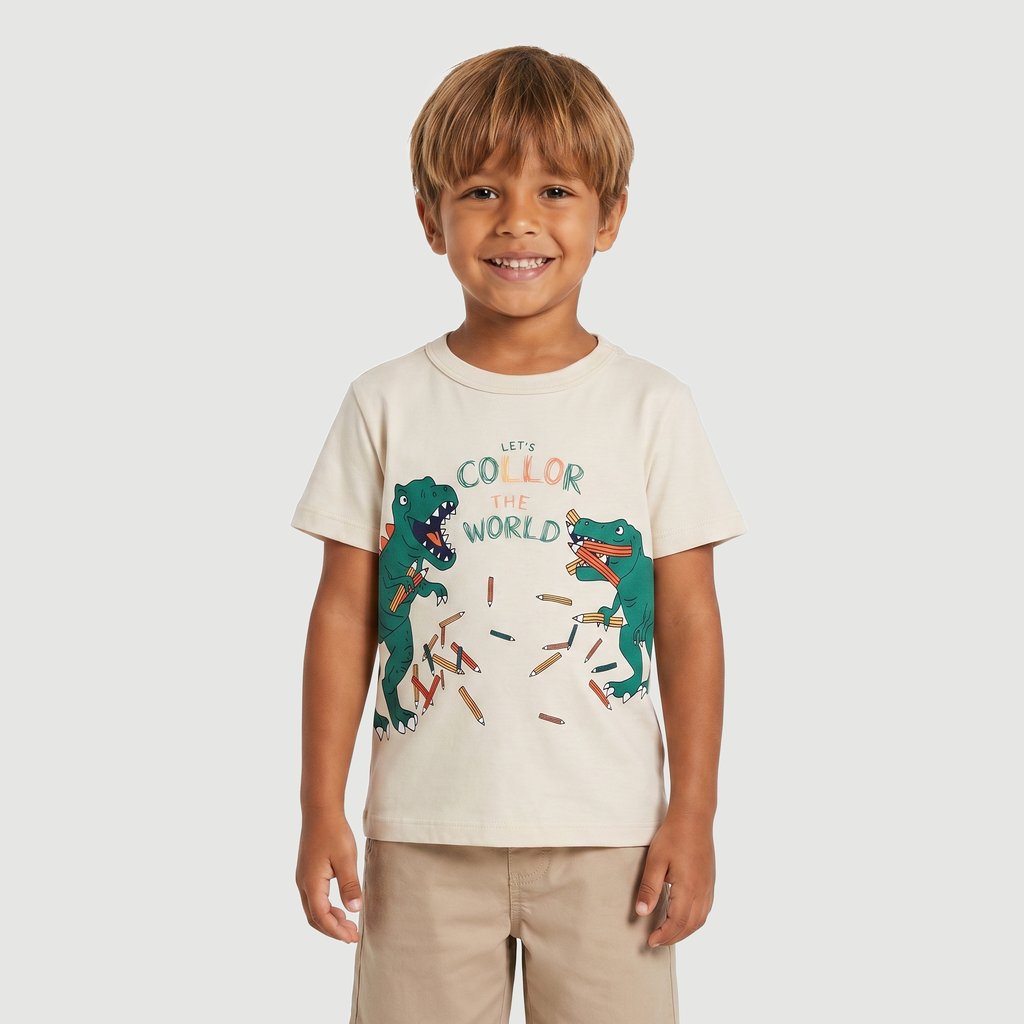 Camiseta Regular Masculina Manga Curta Estampado em Algodão Bege Toys & Kids