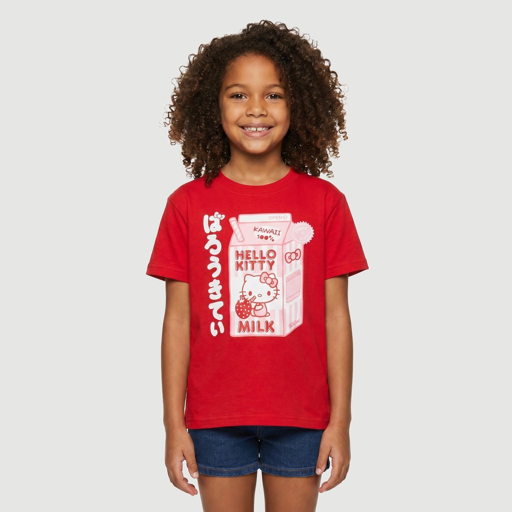 Blusa Regular Feminina Manga Curta Estampado em Algodão Vermelho Hello Kitty