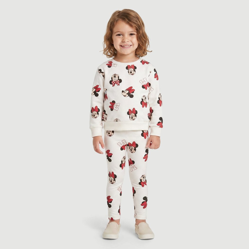 Conjunto Regular Feminino Manga Longa Estampado em Algodão Bege Disney