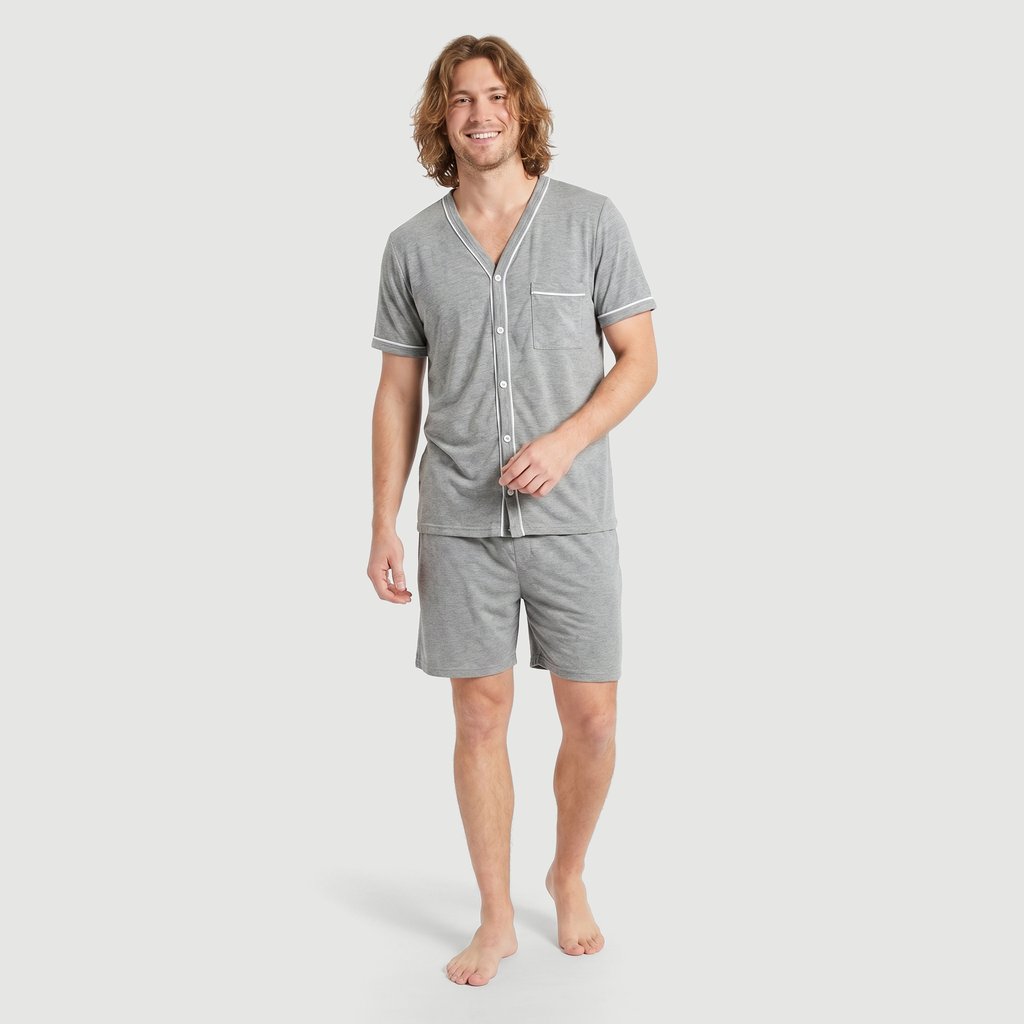 Pijama Manga Curta Masculino em Poliéster Cinza Id Casual