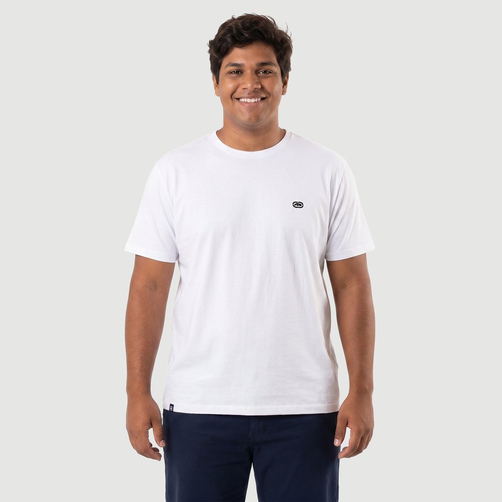Camiseta Slim Masculina Manga Curta Estampado em Algodão Branco
