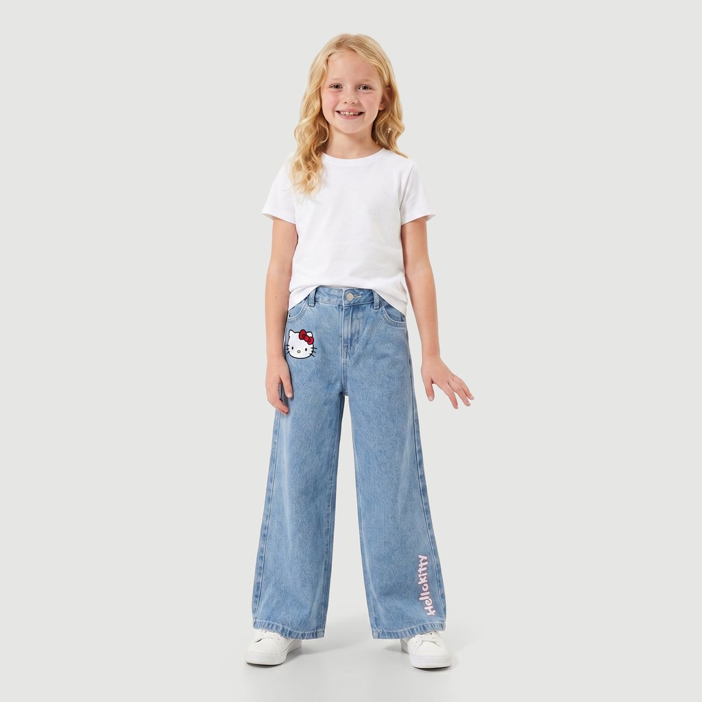 Calça Wide Leg Infantil Jeans em Algodão Hello Kitty