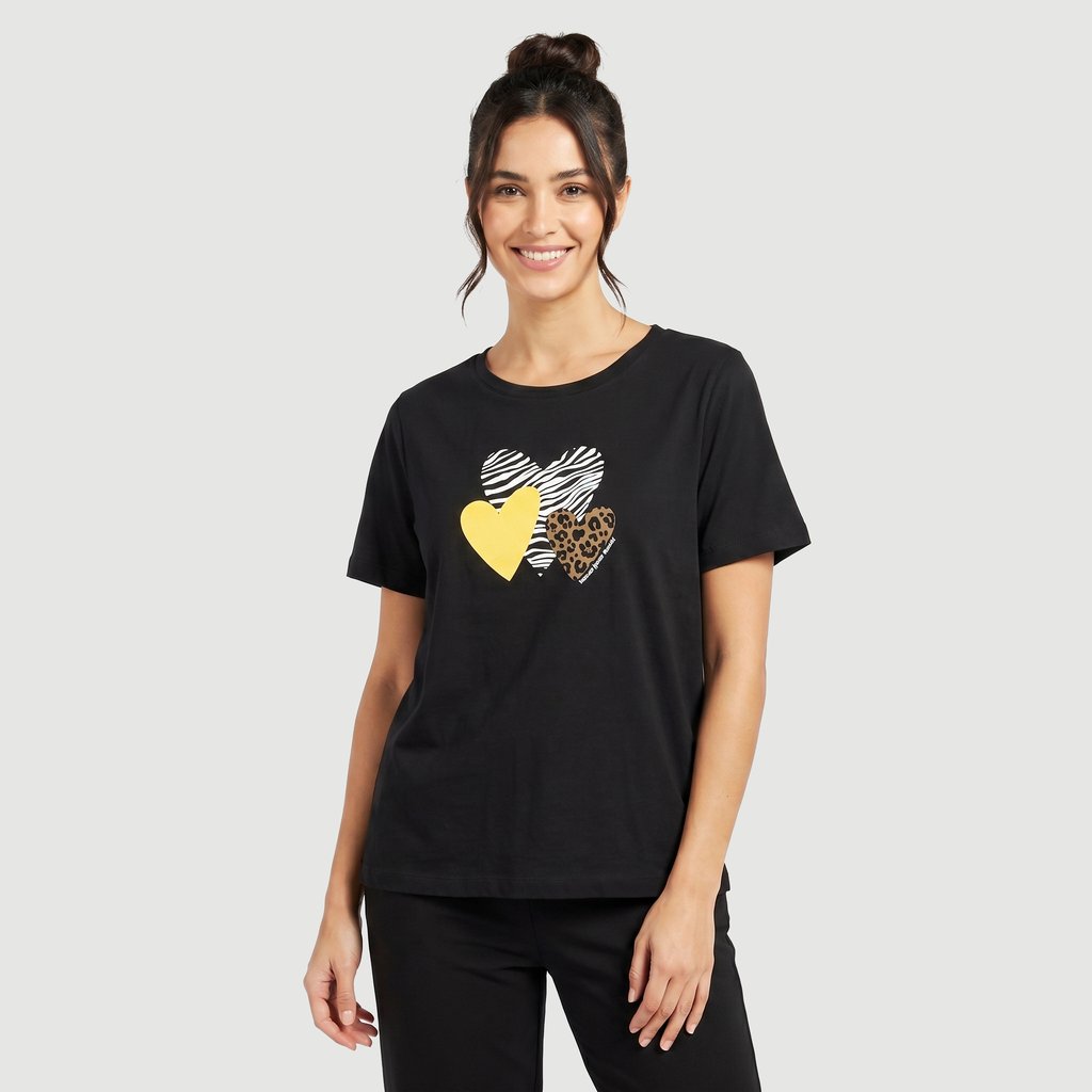 Blusa Regular Feminina Manga Curta Estampado em Algodão Preto Urbano
