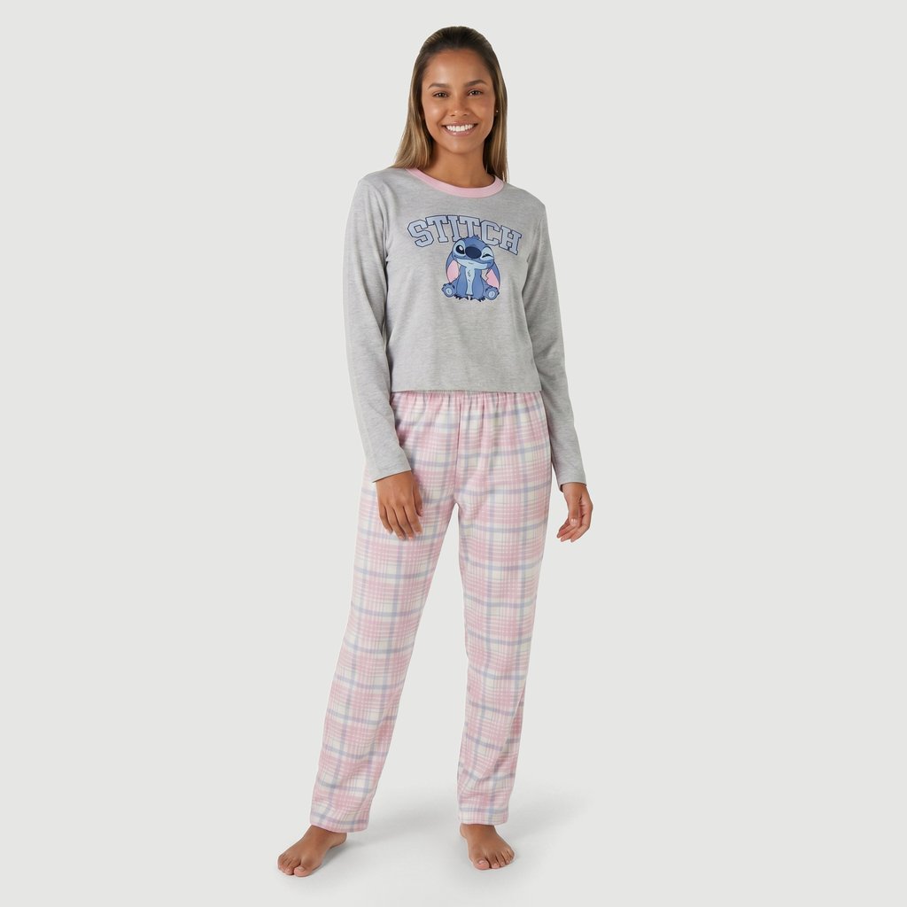 Pijama Top Feminino Manga Longa em Algodão Cinza Disney