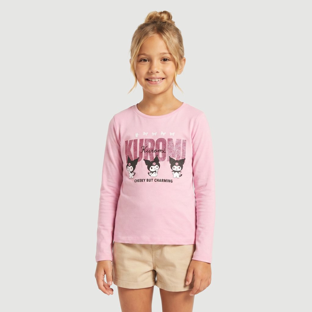 Blusa Regular Feminina Manga Longa Estampado em Algodão Rosa Hello Kitty