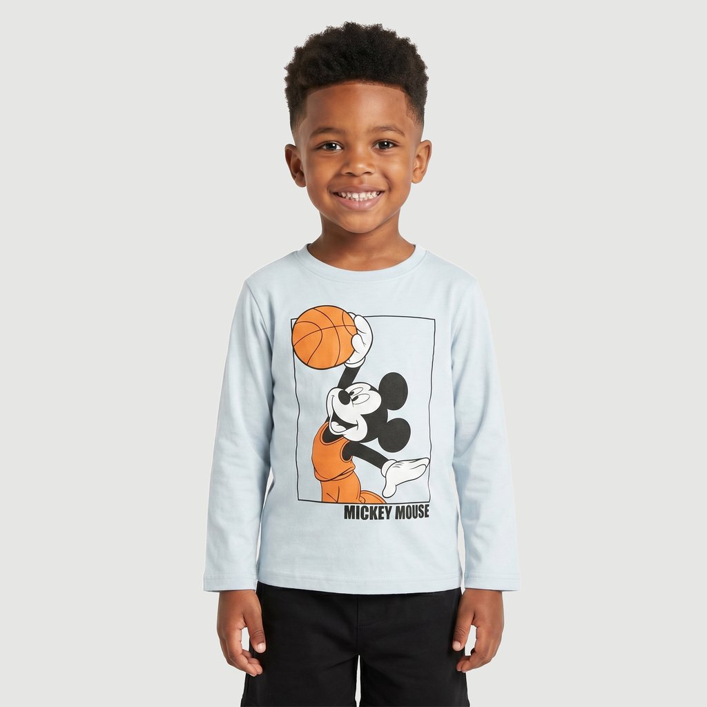 Camiseta Regular Masculina Manga Longa Estampado em Algodão Cinza Disney