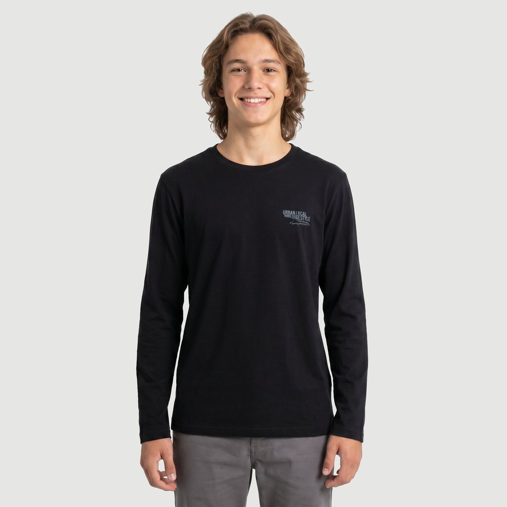 Camiseta Regular Masculina Manga Longa Estampado em Algodão Preto Id Trend