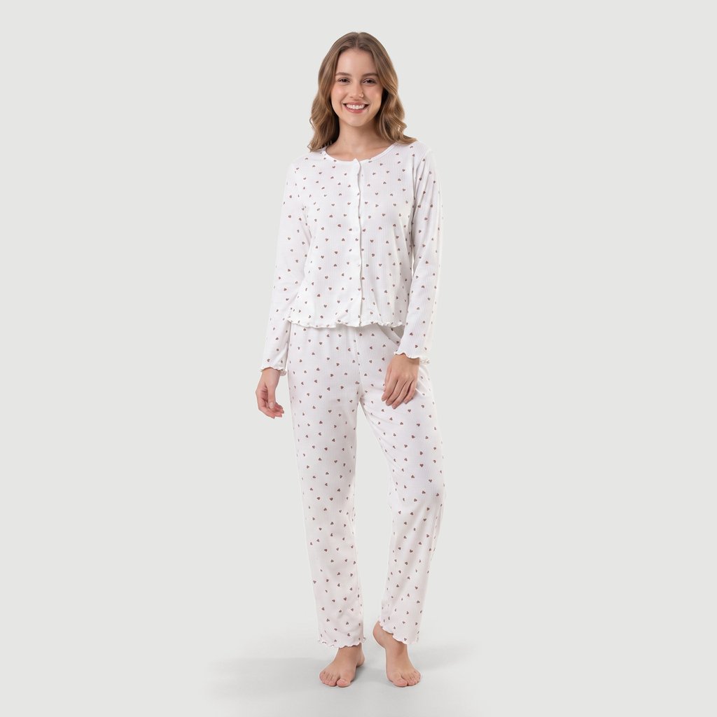 Pijama Manga Longa Feminino em Poliéster Off White Uniq