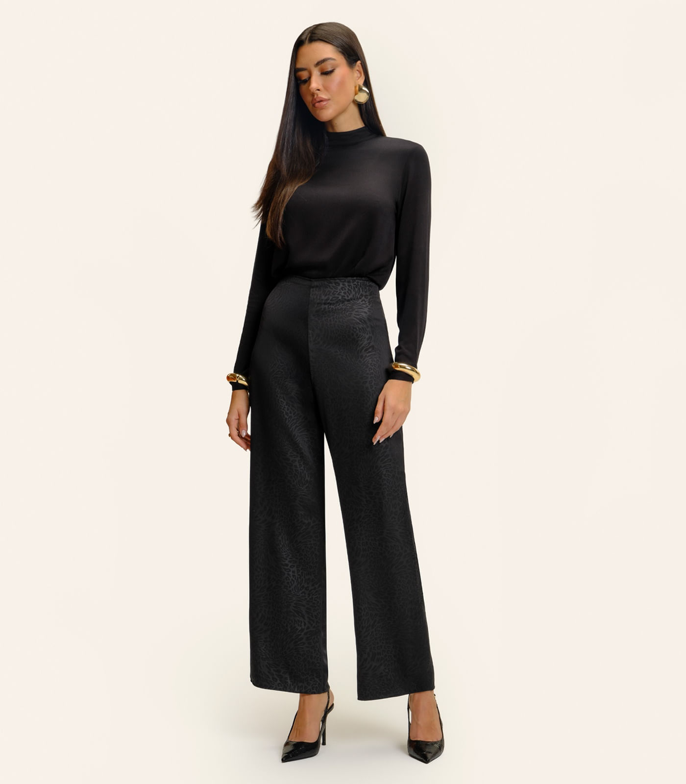 Calça Endless Jacquard Acetinado Onças Feminino Preto