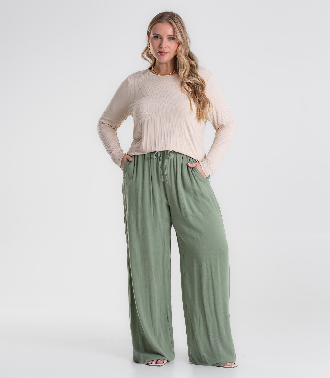 Calça Pantalona Linho Plus Size Secret Glam Verde