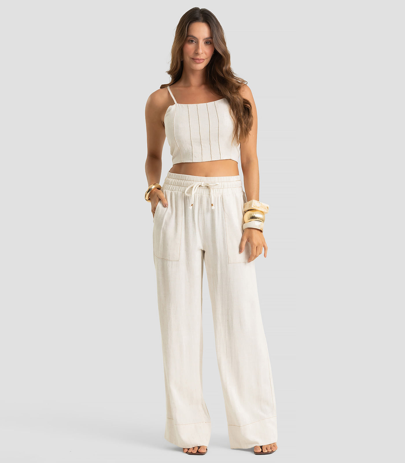 Calça Pantalona Feminina Em Linho Strong Dianna Bege