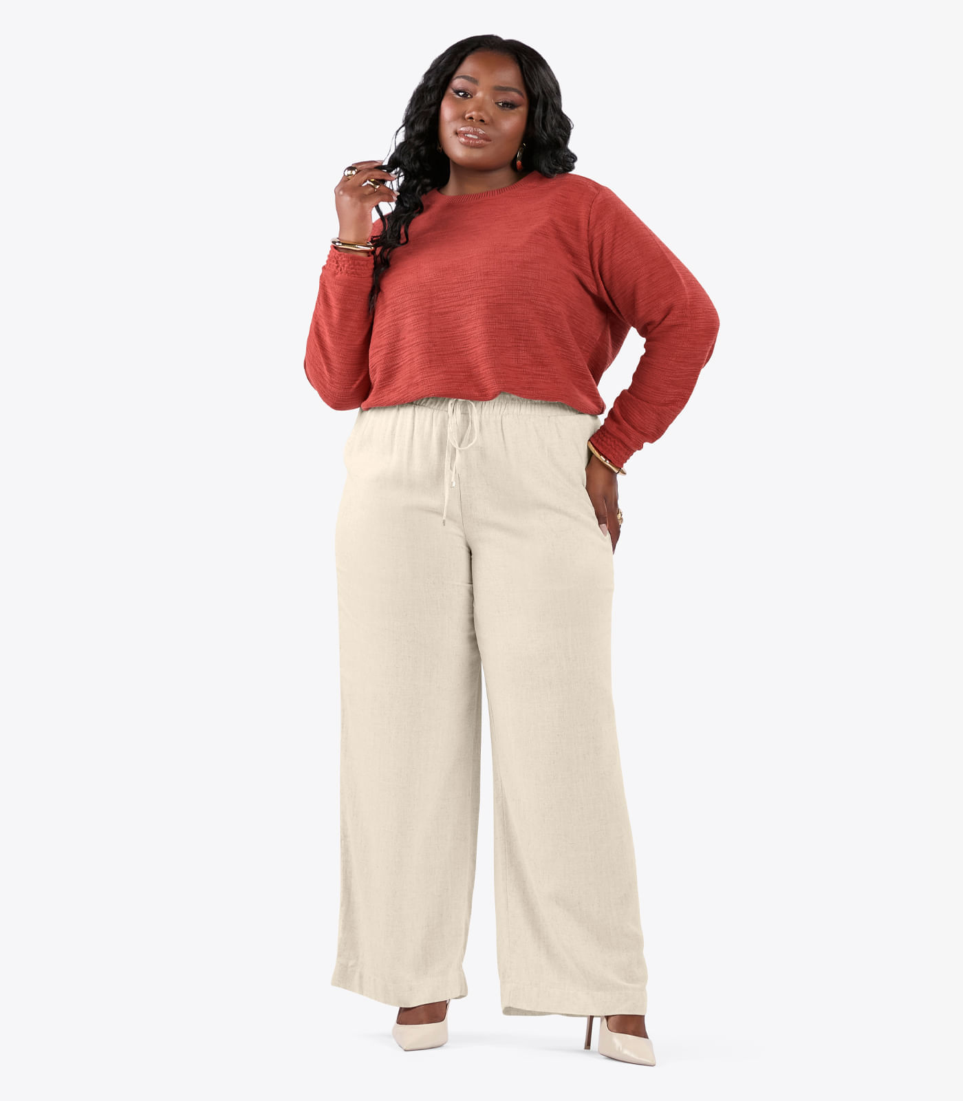 Calça Pantalona Linho Plus Size Secret Glam Bege