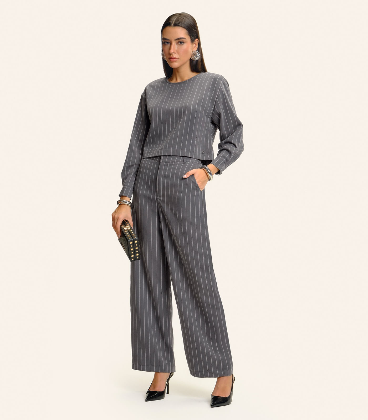 Calça Feminina Pantalona Twill Lurex Endless Cinza