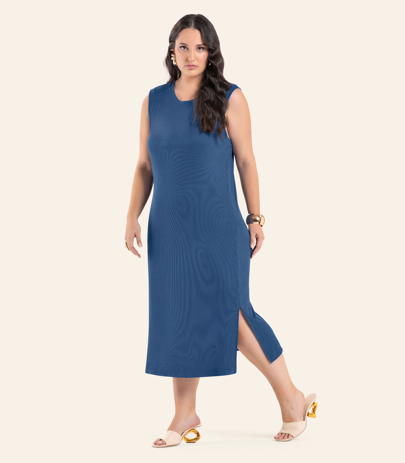 Vestido Feminino Midi Plus Size Secret Azul